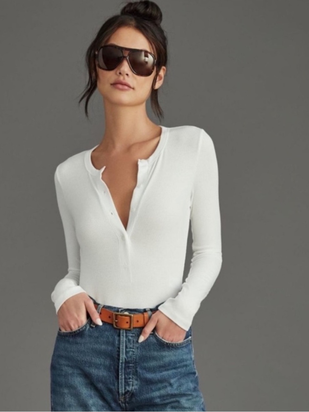 Betro Simone anthro cash ribbed henley long sleeve bodysuit white Size: Large